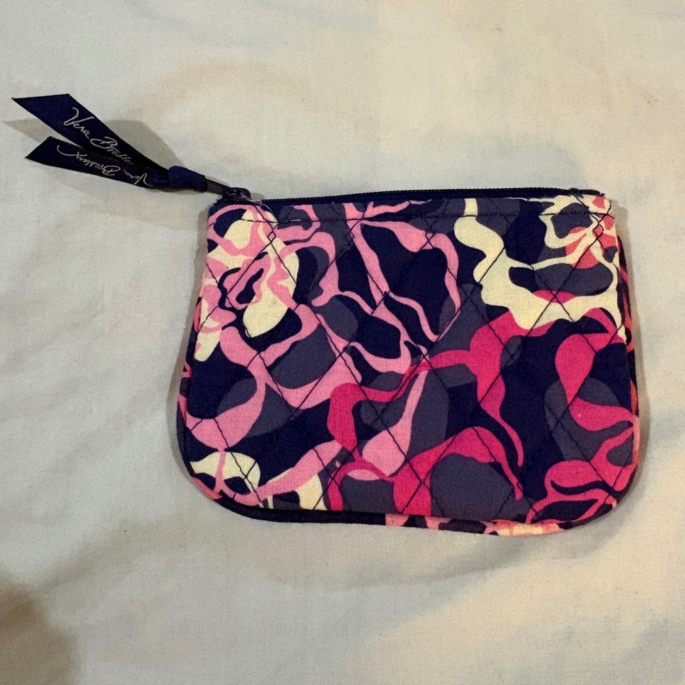 Vera Bradley Quilted Cotton Coin Purse Pink Navy Blue Floral Zipper Pouch